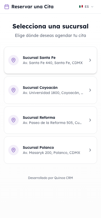 Portal de reservas móvil de Quinoa CRM