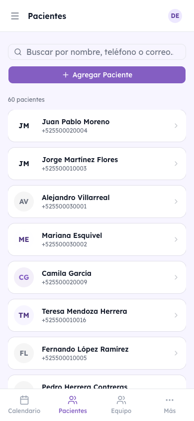 Quinoa CRM en móvil — Pacientes