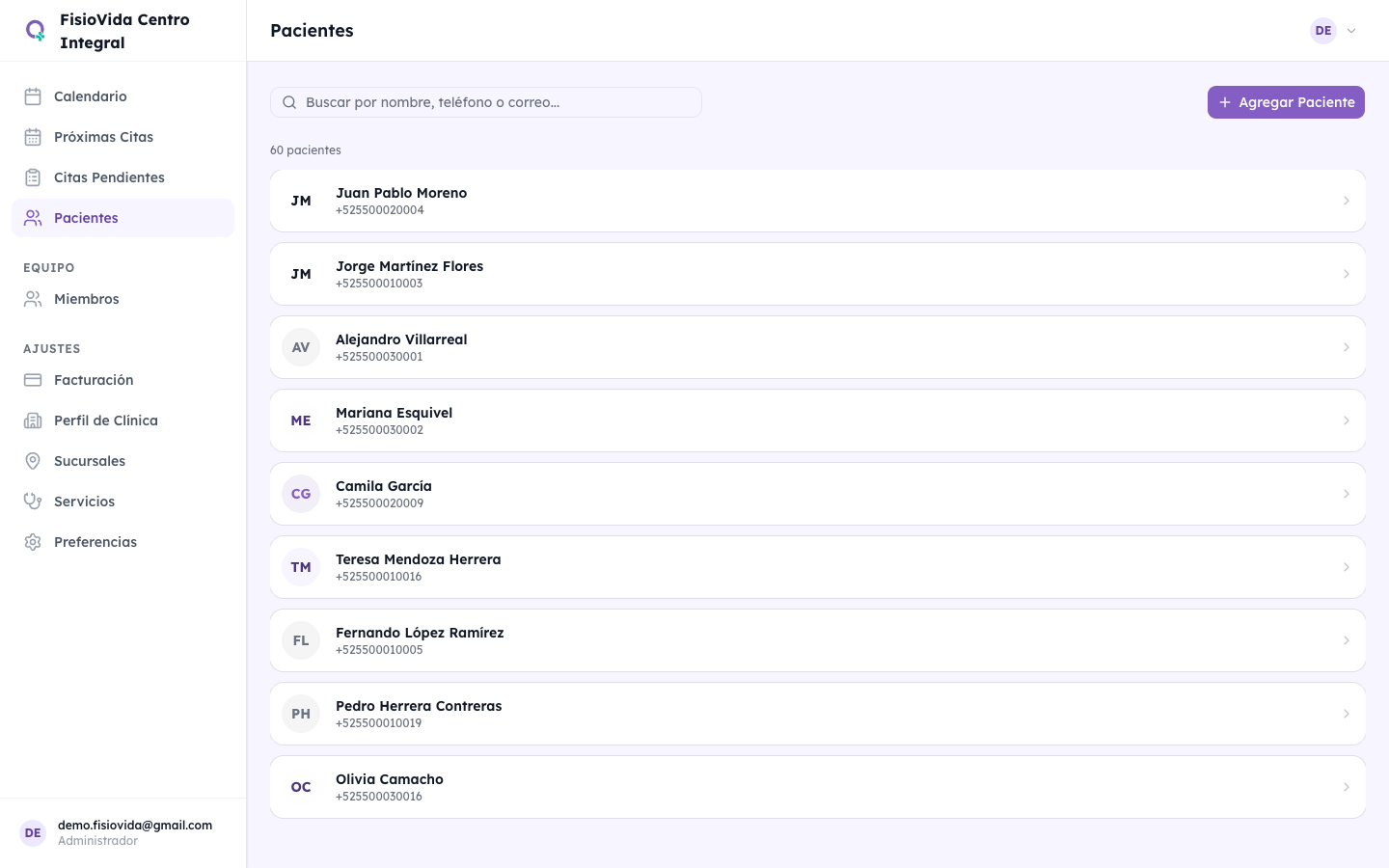 Expedientes de pacientes en Quinoa CRM