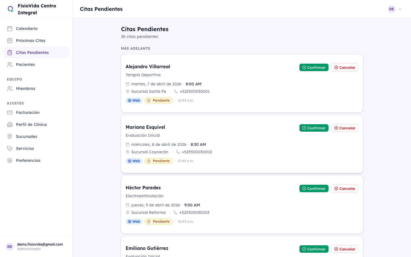 Citas pendientes en Quinoa CRM