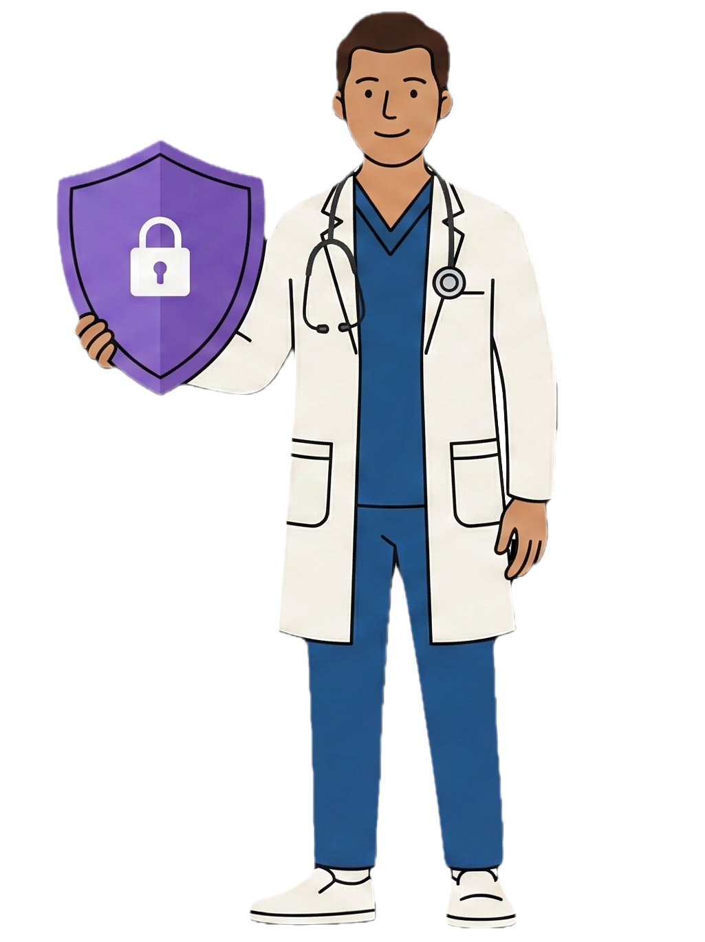 Doctor standing confidently next to a security shield, representing patient data protection