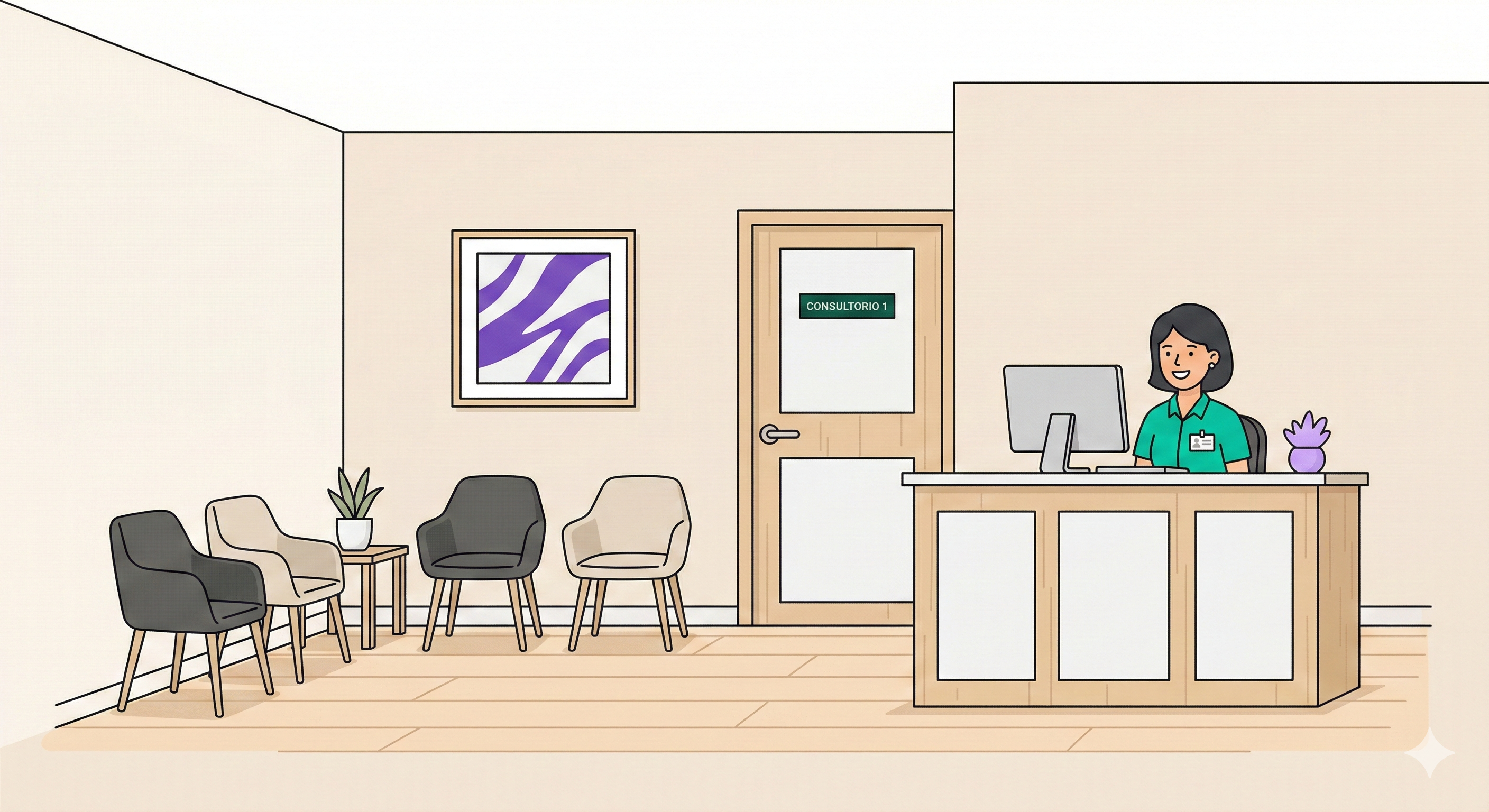 Modern small clinic reception area with clean, organized workspace in Mexico